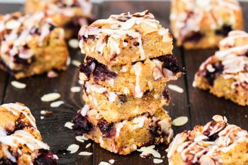 Stack of cherry bakewell blondies