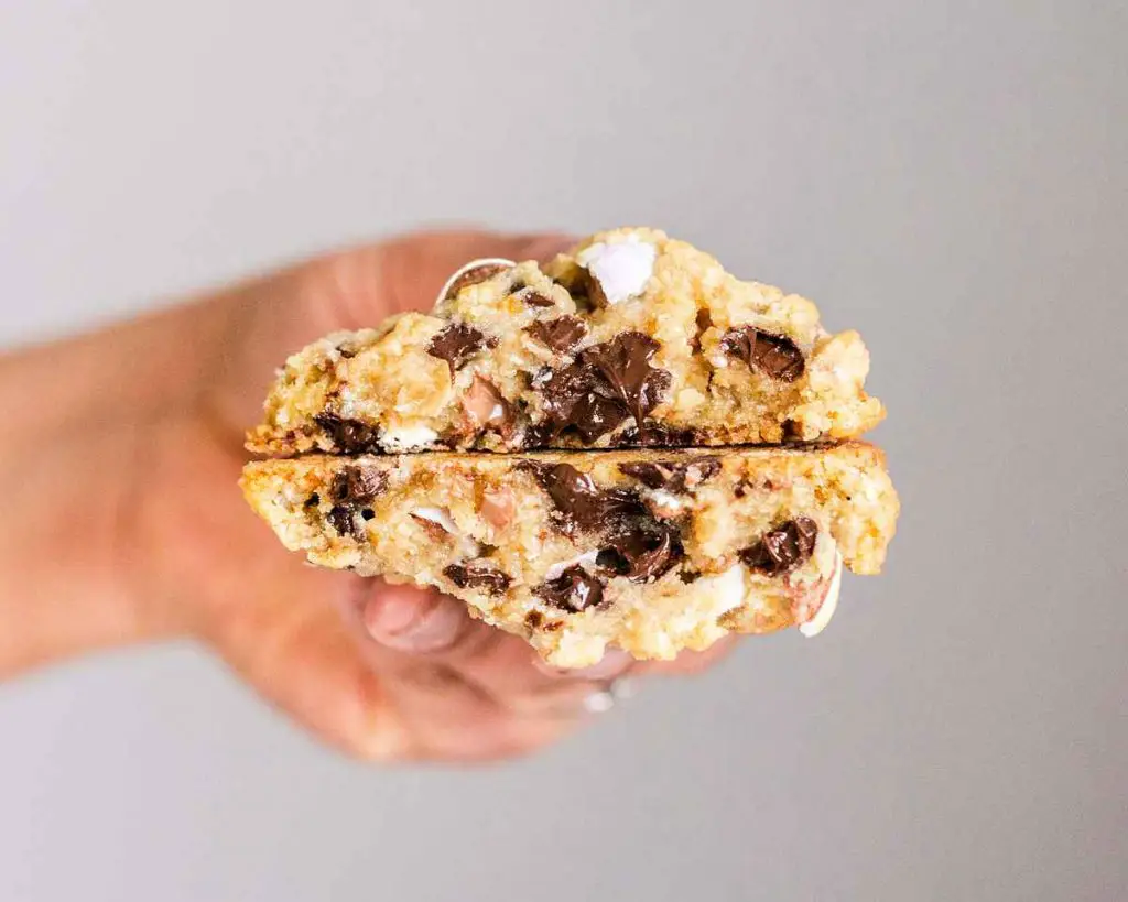 A chunky Mini Egg chocolate chip cookie, inspired by thick NYC style cookies. Recipe by movers and bakers