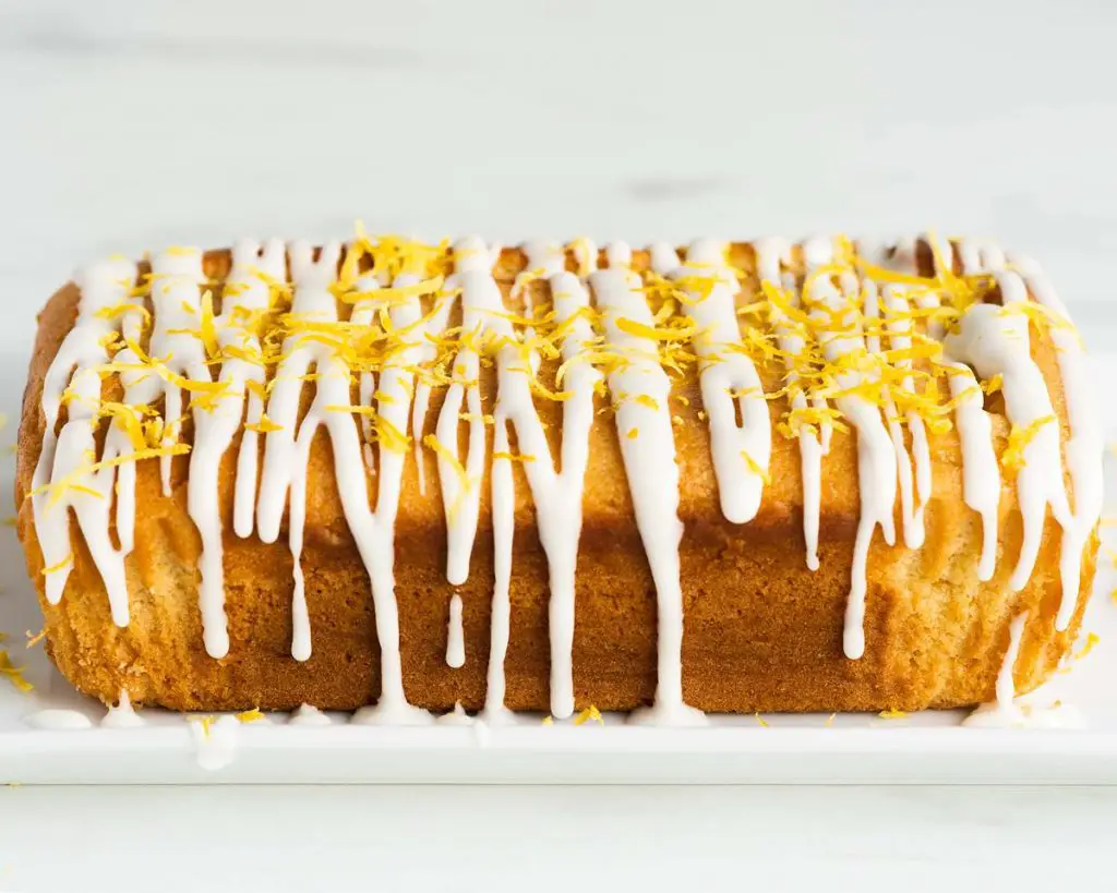A finished lemon loaf cake with drizzle ready to be devoured!