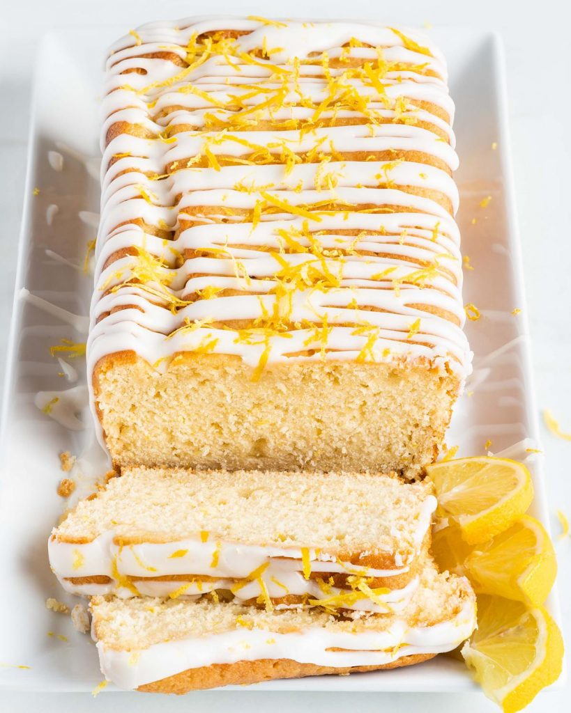 A finished lemon loaf cake with drizzle ready to be devoured!