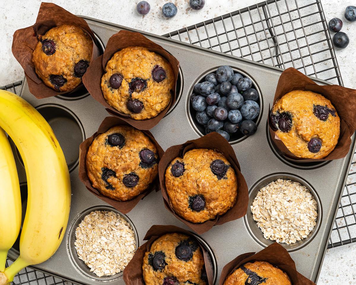 Blueberry banana oatmeal muffins. Recipe by movers and bakers