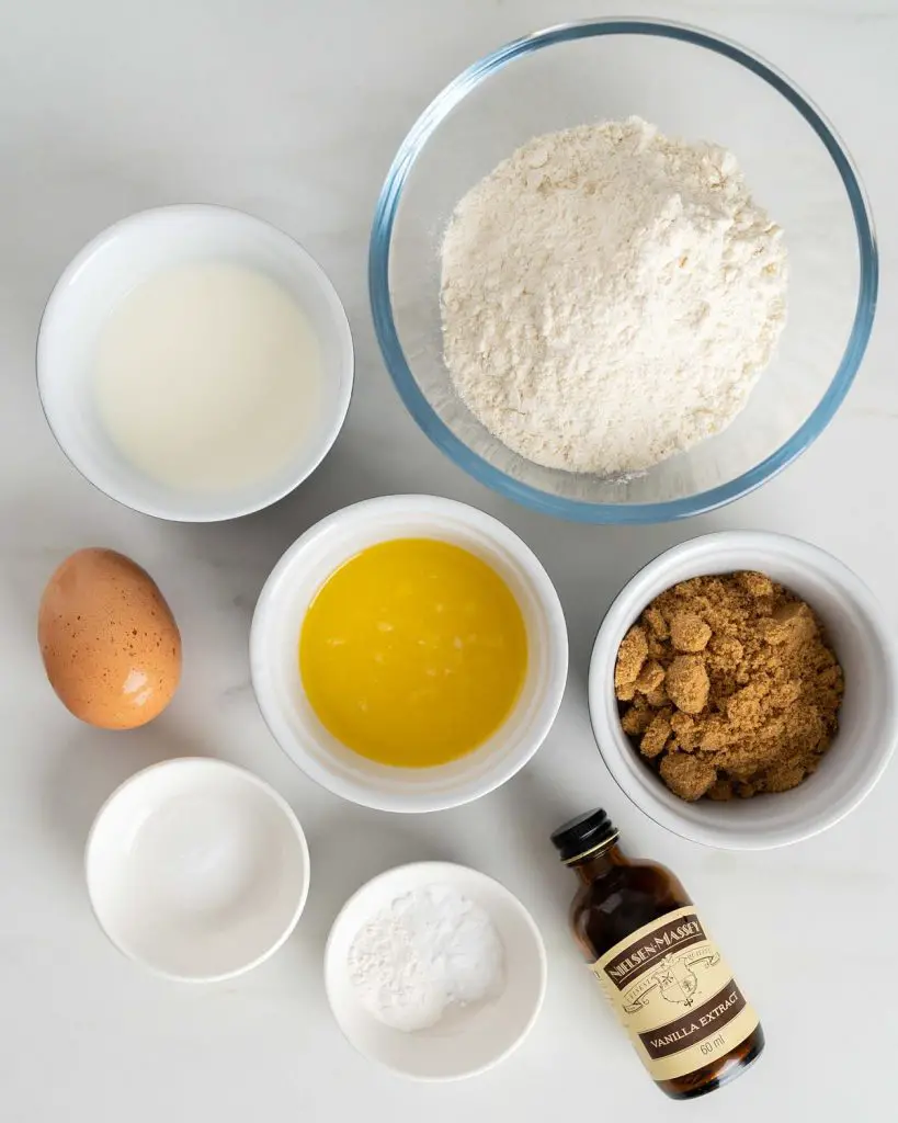 Ingredients required: plain (all purpose) flour, baking powder, bicarbonate of soda (baking soda), salt, brown sugar, unsalted butter, egg, milk and vanilla. Recipe by movers and bakers