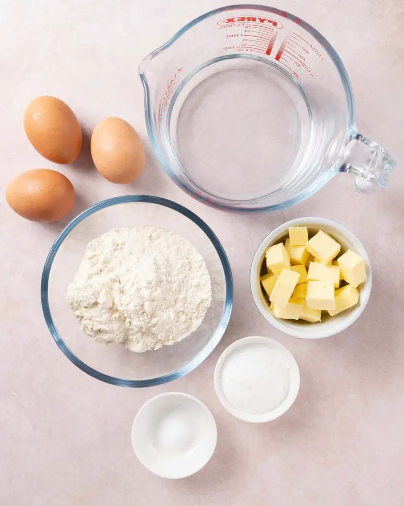 Ingredients required for the pastry: caster sugar, unsalted butter, water, plain (all purpose) flour, salt and eggs. Recipe by movers and bakers