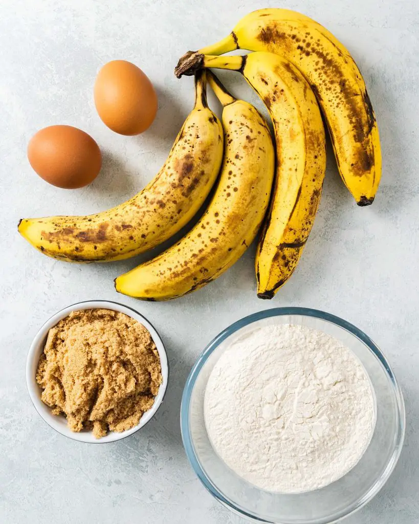 Ingredients required: bananas, eggs, brown sugar and self raising flour. Recipe by movers and bakers