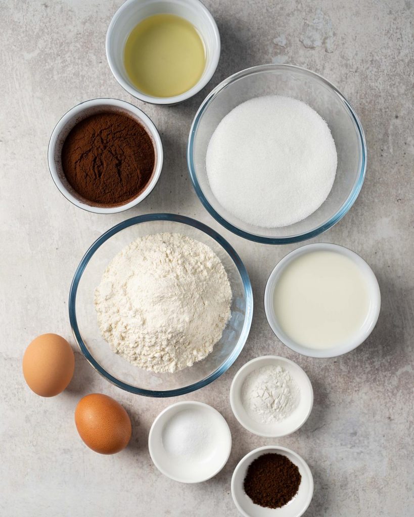 Ingredients required for the cake: plain (all purpose) flour, caster sugar, cocoa powder, baking powder, salt, eggs, buttermilk, oil and vanilla. Recipe by movers and bakers