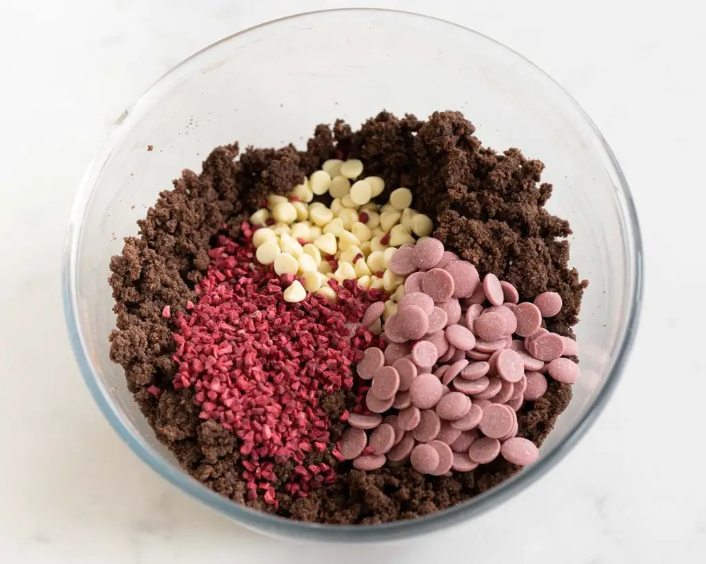 Adding in the two chocolate chips and the freeze dried raspberries before mixing together, shaping and baking. Recipe by movers and bakers