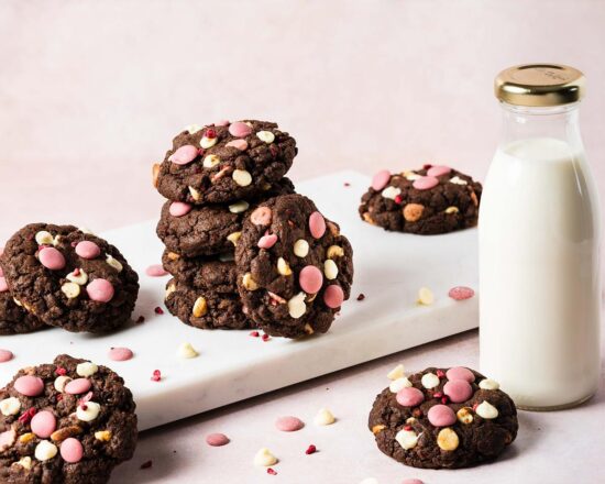 Raspberry ruby chocolate cookies. Deeply dark and chewy chocolate cookies packed with oodles of white and ruby chocolate chips and freeze dried raspberries. Recipe by movers and bakers