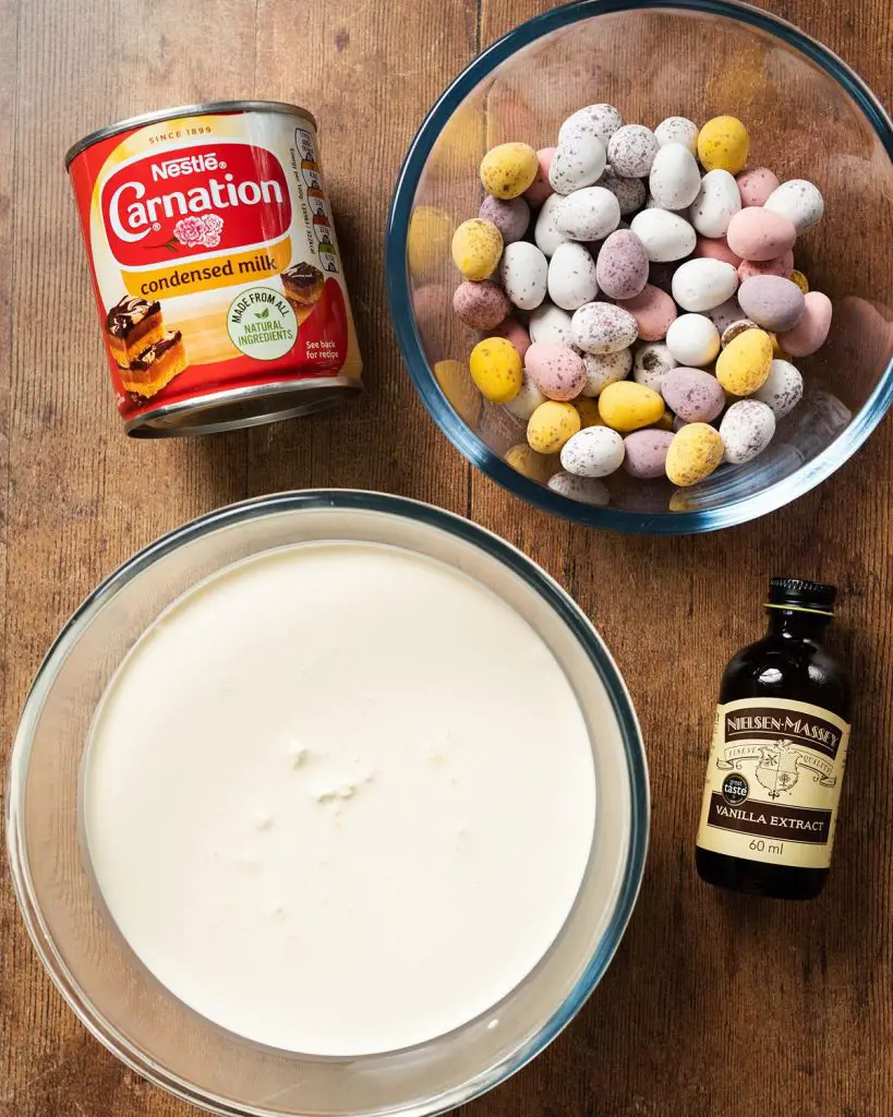 Ingredients required: condensed milk, double (heavy) cream, mini eggs and vanilla. Recipe by movers and bakers