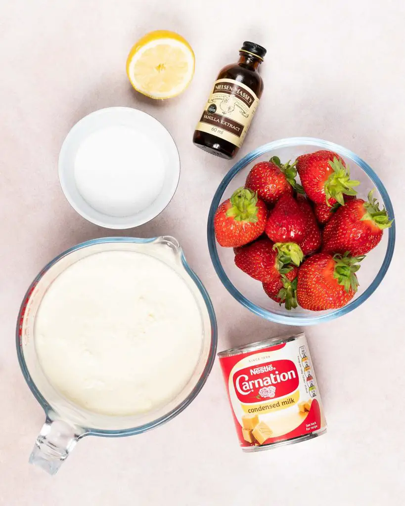 Ingredients required: strawberries, lemon juice, caster sugar, double (heavy) cream, condensed milk and vanilla. Recipe by movers and bakers