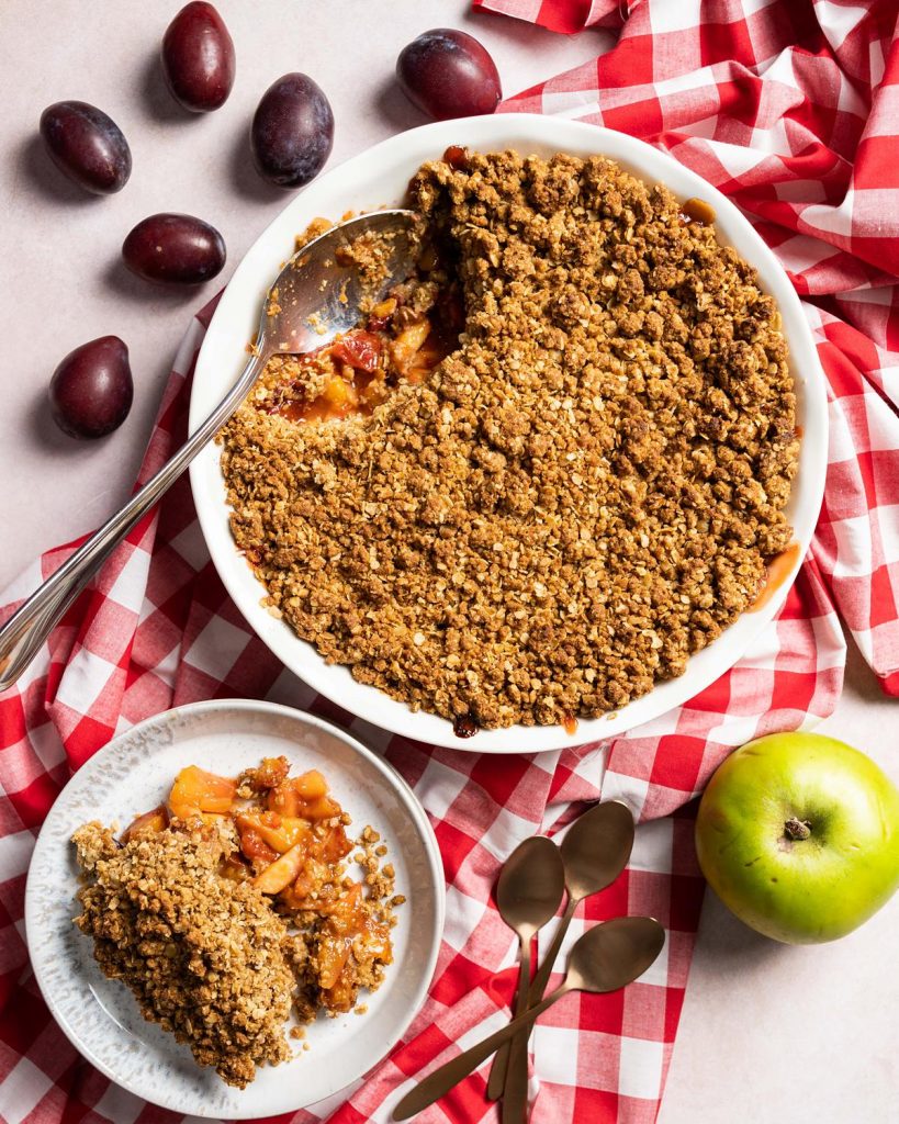 Plum and apple crumble. Hearty, cosy and so simple to make, my plum and apple crumble will warm your belly and satisfy your tastebuds! A firm family favourite!