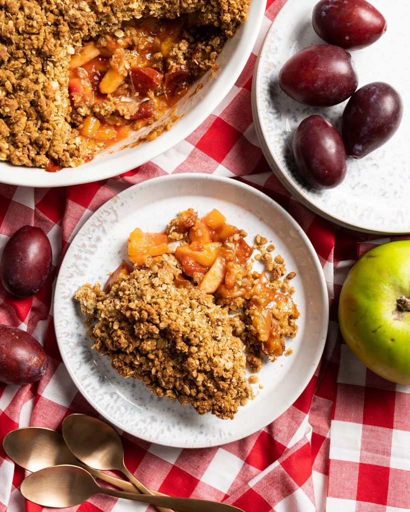 Plum and apple crumble. Hearty, cosy and so simple to make, my plum and apple crumble will warm your belly and satisfy your tastebuds! A firm family favourite!
