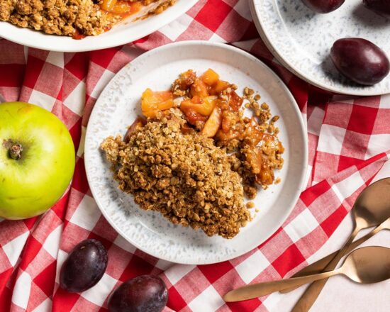 Plum and apple crumble. Hearty, cosy and so simple to make, my plum and apple crumble will warm your belly and satisfy your tastebuds! A firm family favourite! Recipe by movers and bakers