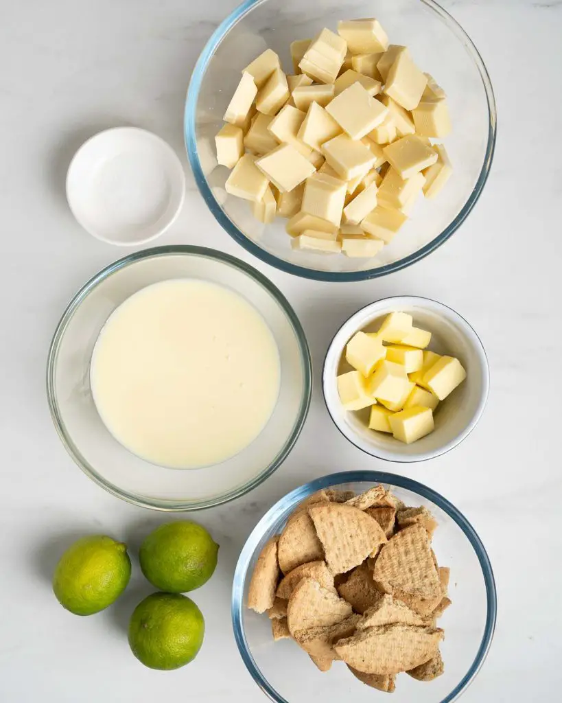 Ingredients required: digestive bisctuits, unsalted butter, white chocolate, sweetened condensed milk, limes and salt. Recipe by movers and bakers