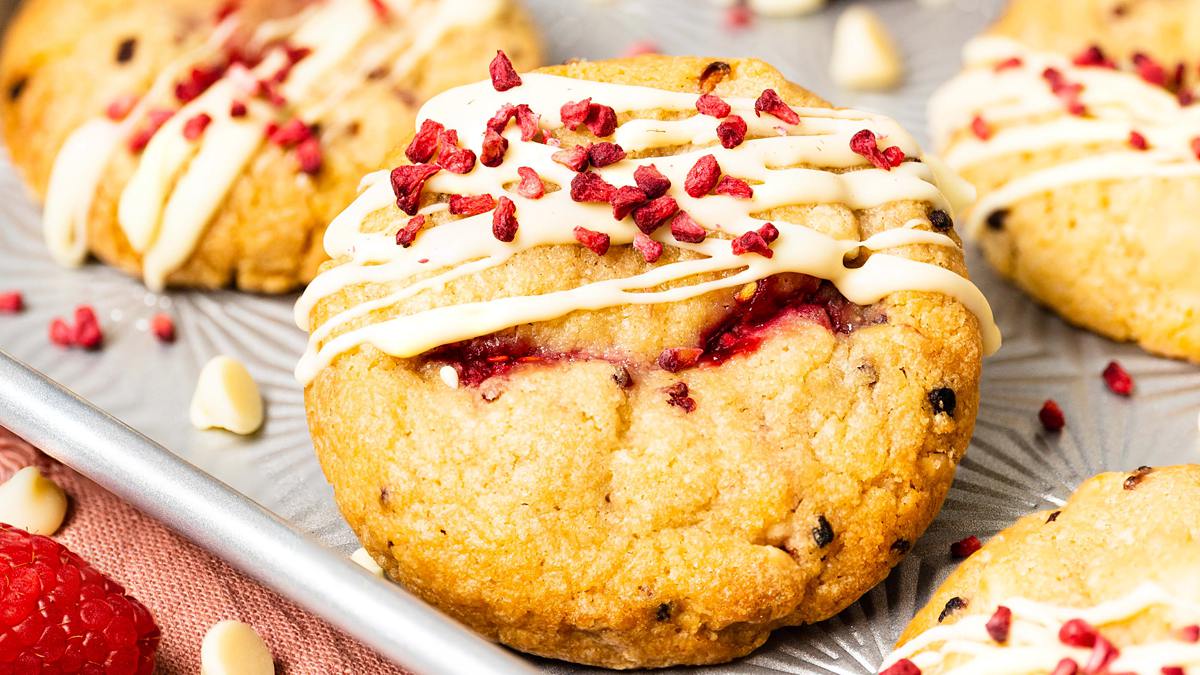 raspberry and white chocolate cookies on a tray