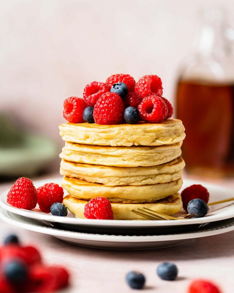 All made and stacked, piled with fresh fruit and ready to be devoured! Recipe by movers and bakers