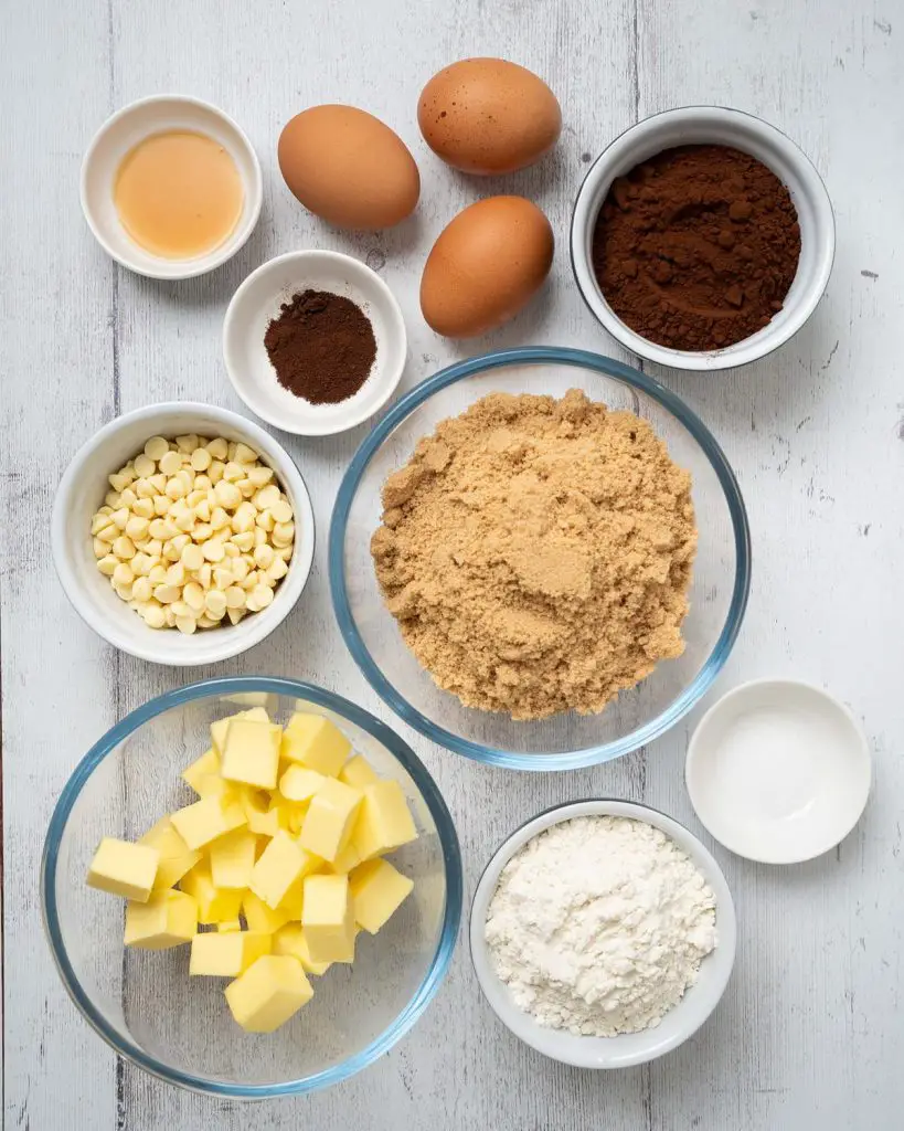 Ingredients required: unsalted butter, cocoa powder, vanilla, espresso powder (optional), eggs, brown sugar, plain (all purpose) flour, salt and chocolate chips. Recipe by movers and bakers