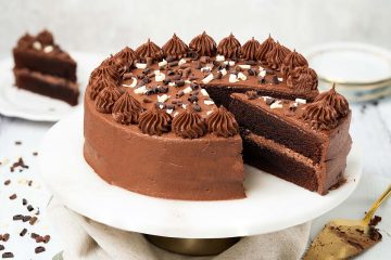 My eggless chocolate cake is light, moist and deeply chocolatey with a smooth chocolate buttercream and crowned with sprinkles. This cake is so good, no one will know it is egg free! Recipe by movers and bakers