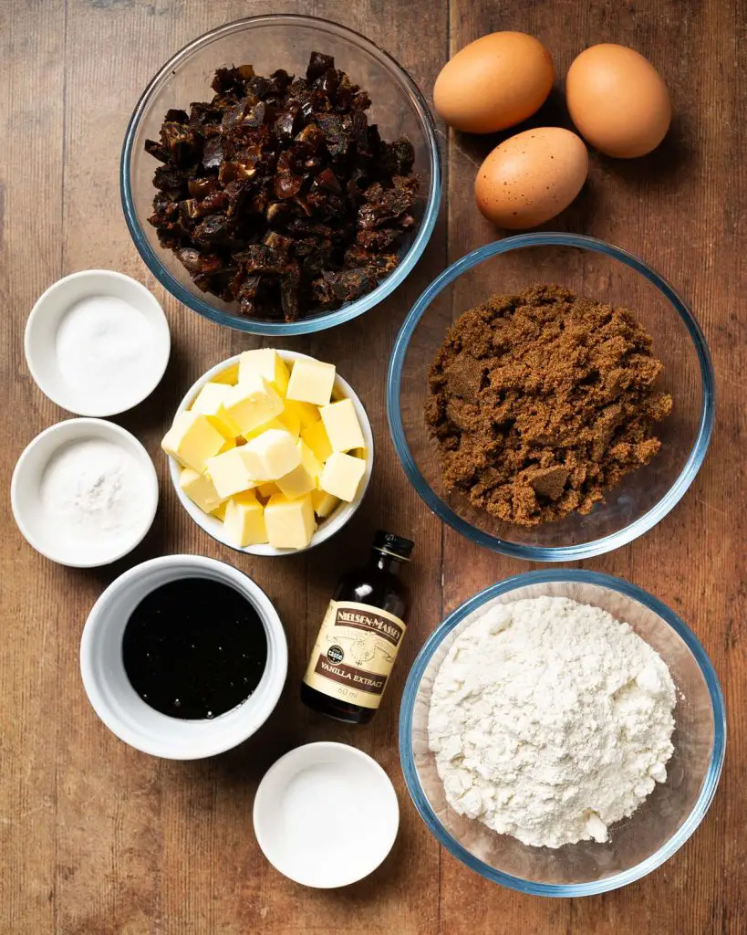 Ingredients required: dates, bicarbonate of soda (baking soda), unsalted butter, dark brown sugar, treacle (molasses), vanilla, eggs, plain (all purpose) flour, baking powder and salt. Recipe by movers and bakers