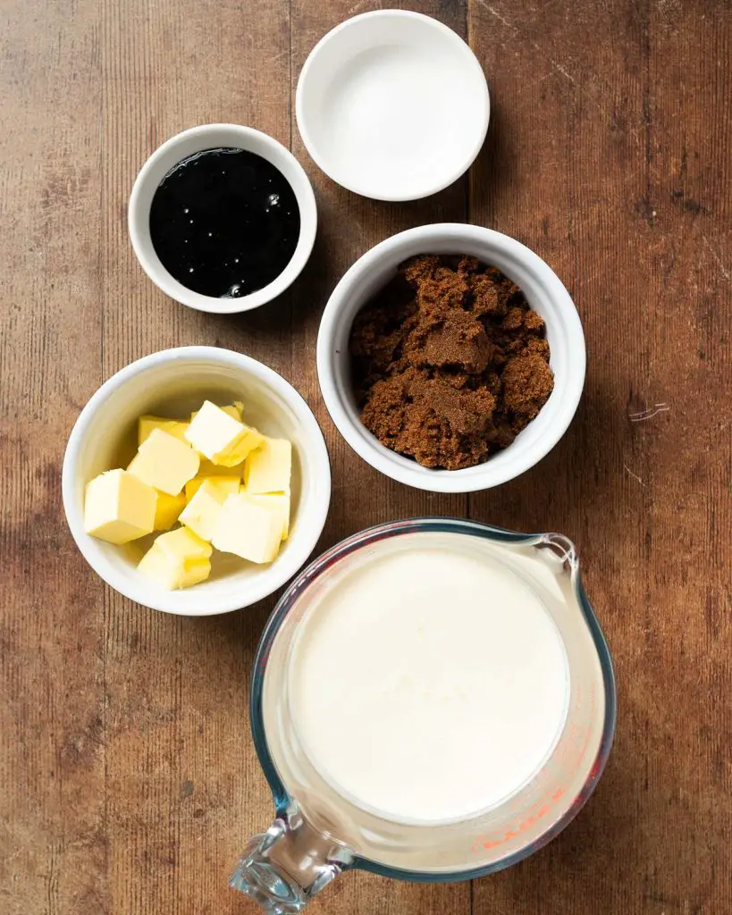 Ingredients required for the sauce: unsalted butter, muscovado sugar, treacle, salt and double (heavy) cream. Recipe by movers and bakers