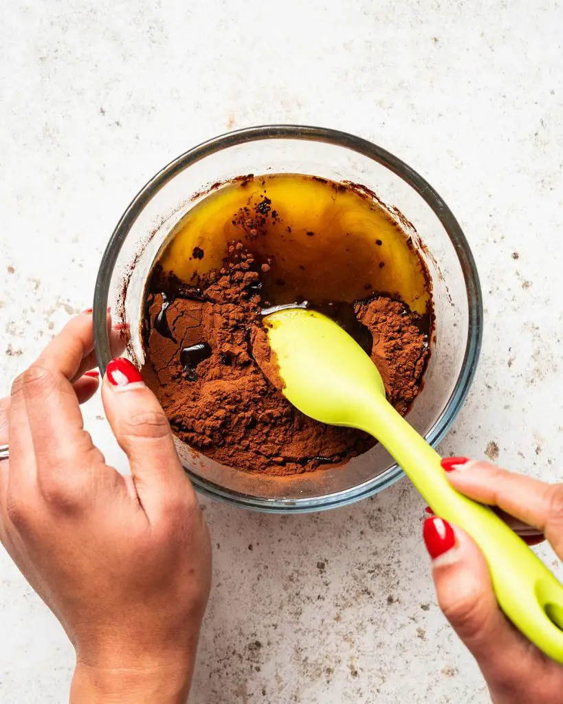 Melt the butter then add in the cocoa powder and vanilla...