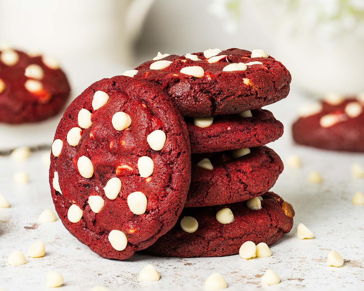 My red velvet cookies are generous and chewy with crisp edges and plenty of white chocolate chips. Utter red velvet heaven! Recipe by movers and bakers