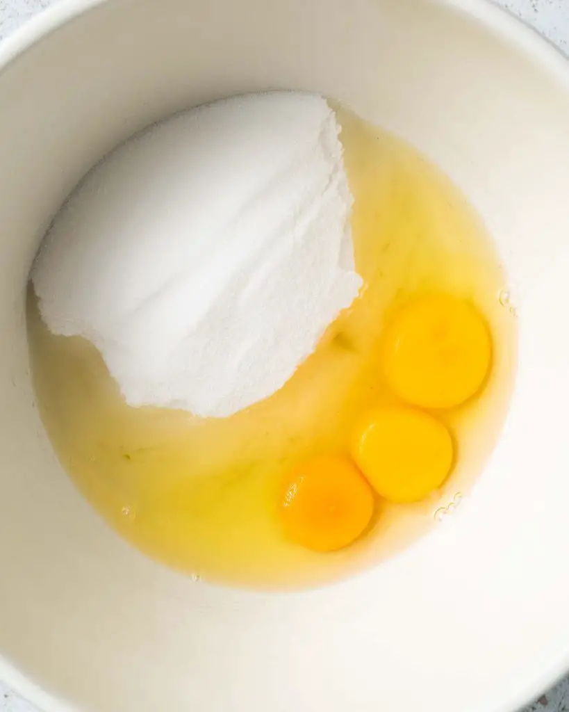 Whisk together the eggs and sugar until completely combined. Recipe by movers and bakers