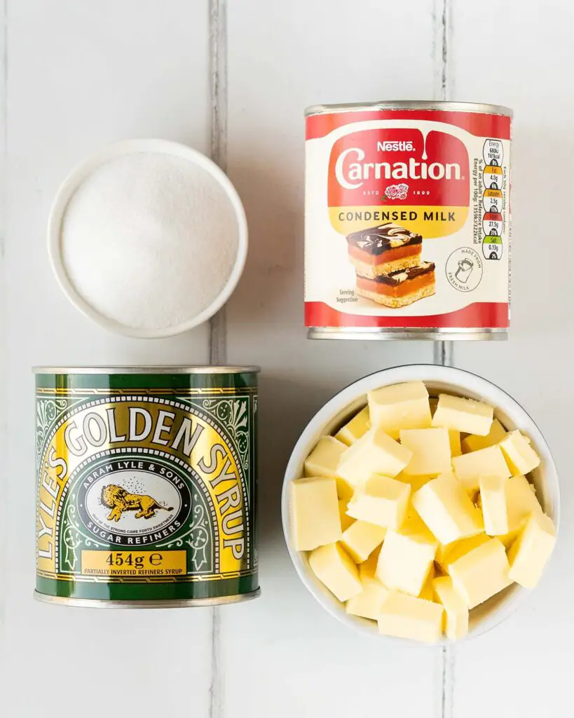 Ingredients for the caramel: condensed milk, unsalted butter, golden syrup and caster sugar. Recipe by movers and bakers