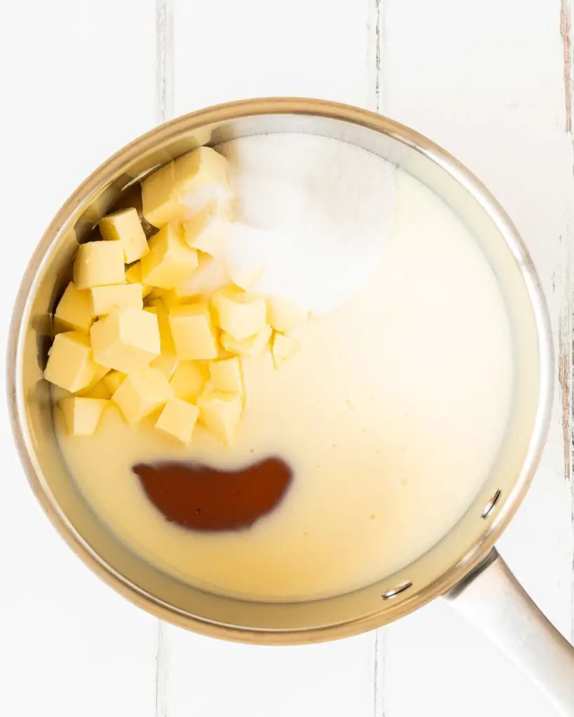 Tip all the ingredients for the caramel into a large saucepan ...