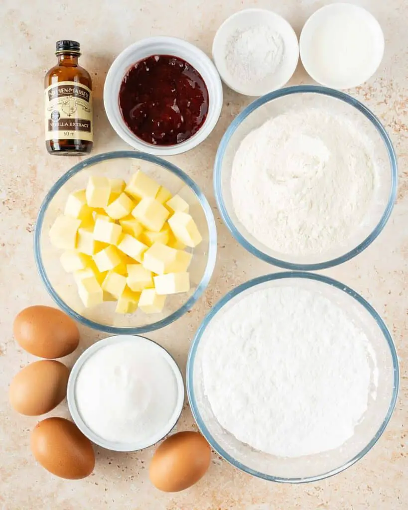 Ingredients required: unsalted butter, caster sugar, eggs, self raising flour, baking powder, vanilla, milk, icing (powdered) sugar and jam. Recipe by movers and bakers