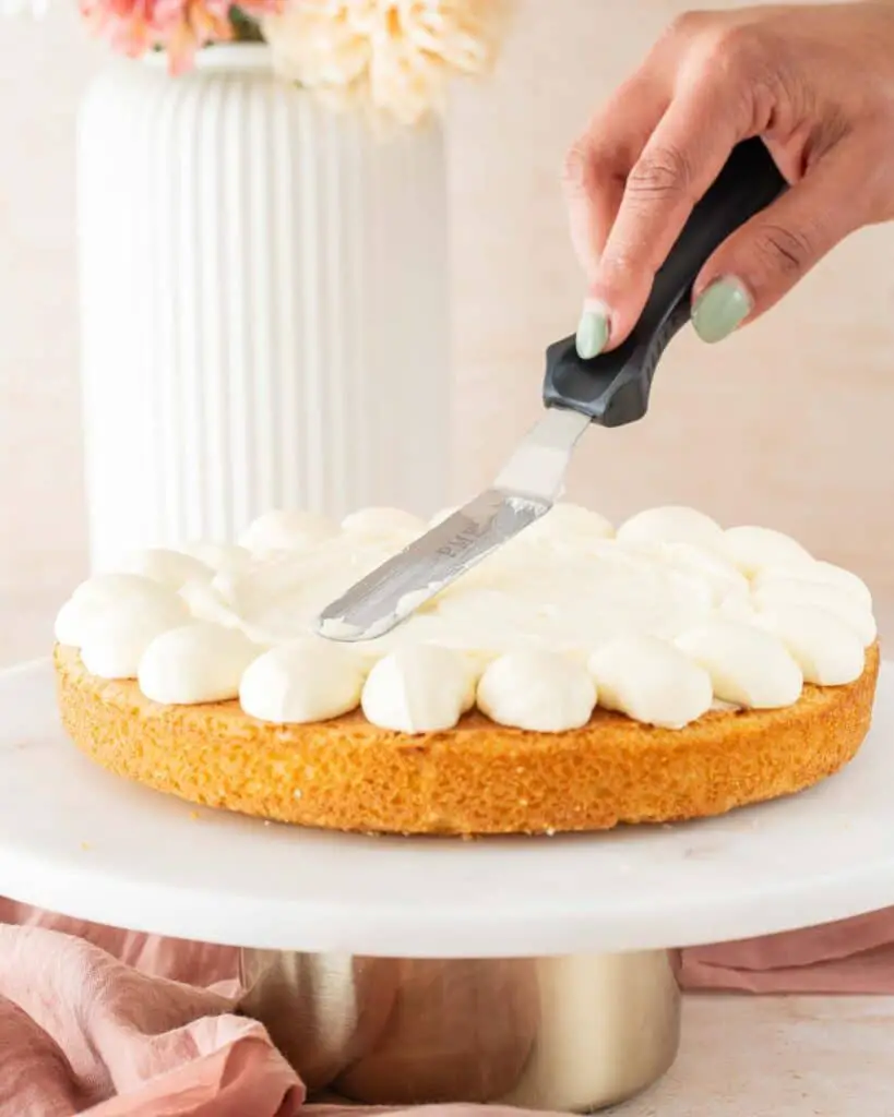 Pipe or spread the buttercream over the first cake layer...