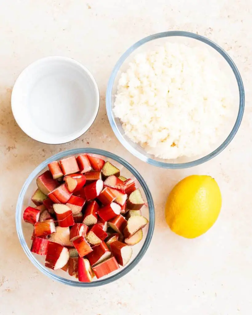 Ingredients required: rhubarb, jam sugar, lemon juice and gin. Recipe by movers and bakers