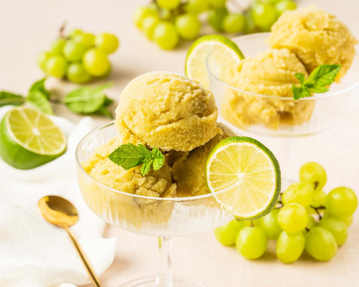 Easy mojito grape sorbet. Bright, zingy, refreshing and perfect for summer gatherings and bbqs. Recipe by movers and bakers