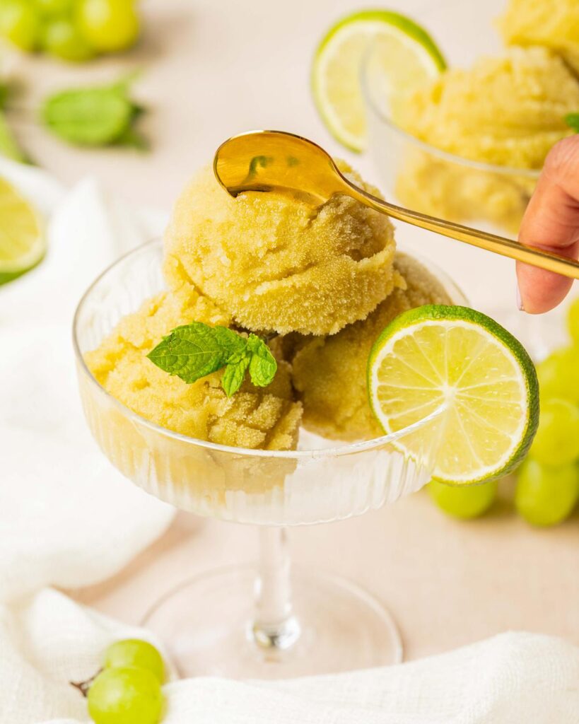 Easy mojito grape sorbet. Bright, zingy, refreshing and perfect for summer gatherings and bbqs. Recipe by movers and bakers