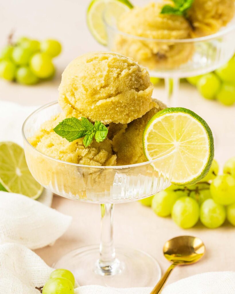 Easy mojito grape sorbet. Bright, zingy, refreshing and perfect for summer gatherings and bbqs. Recipe by movers and bakers