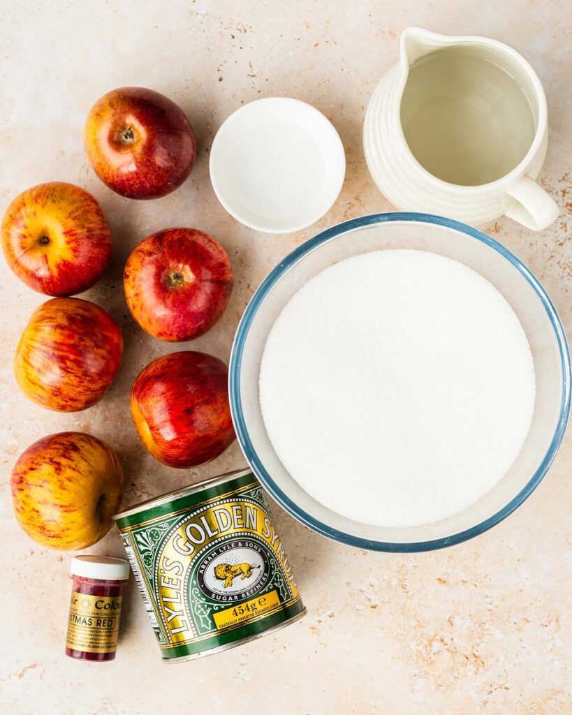 Ingredients required: apples, granulated sugar, water, vinegar/lemon juice, golden syrup and food colouring. Recipe by movers and bakers
