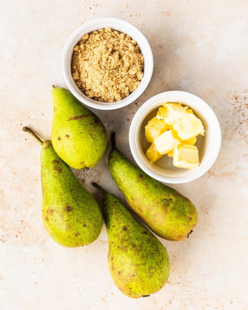 Ingredients for the bottom layer: pears, brown sugar and unsalted butter. Recipe by movers and bakers