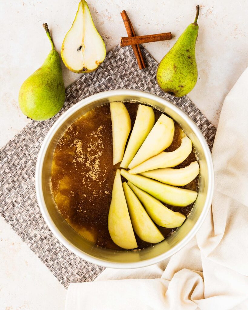 Lay the pear quarters in a circle, cut side down...