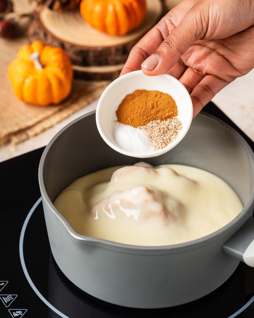 Adding the ingredients to a saucepan...