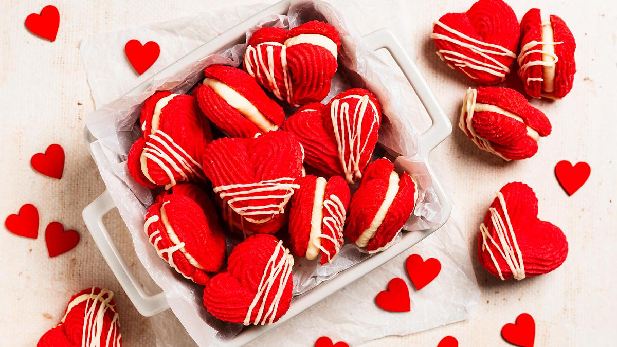 overhead view of valentines day heart biscuits