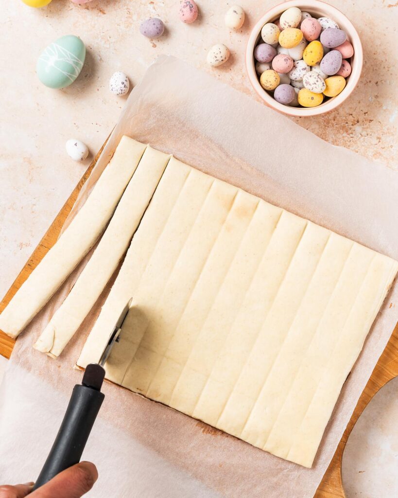 Cut the pastry into twelve even strips...