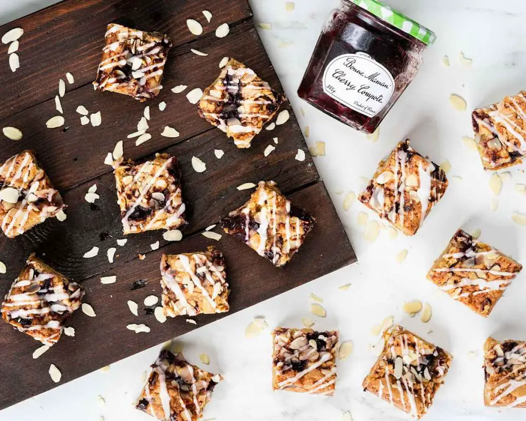 My cherry bakewell blondies are chewy and delicious, packed with flavour from bonne maman cherry compote and almonds