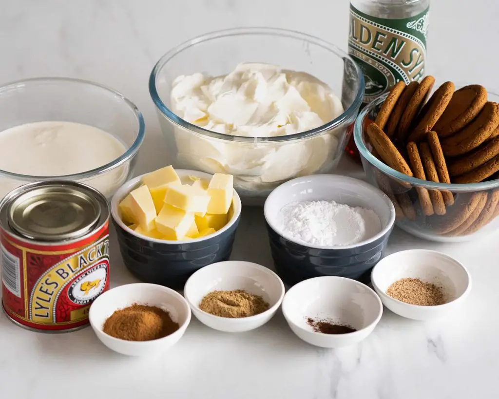 Ingredients required: ginger biscuits, unsalted butter, double cream, full fat cream cheese, icing (powdered) sugar, ground ginger, cinnamon, nutmeg, cloves, treacle (molasses) and golden syrup. Recipe by movers and bakers