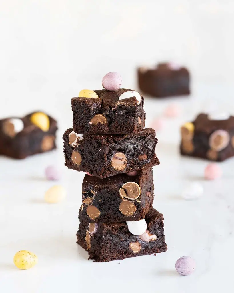 Rich fudgy brownies filled and topped with delightfully crunchy mini eggs. 