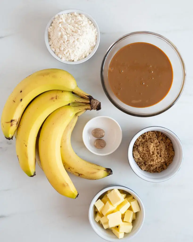 Ingredients required: bananas, caramel, plain (all purpose) flour, brown sugar, unsalted butter and nutmeg (optional). Recipe by movers and bakers