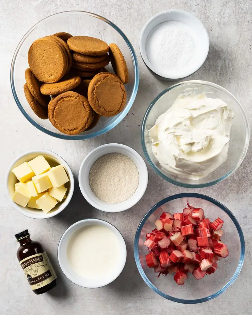 Ingredients required: digestive biscuits, unsalted butter, cream cheese, double (heavy) cream, icing sugar, vanilla, rhubarb and golden caster sugar. Recipe by movers and bakers
